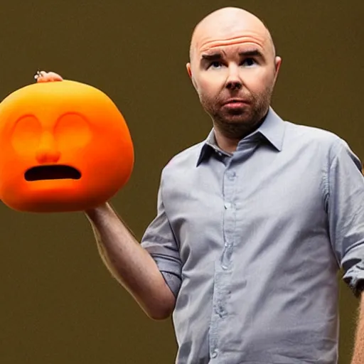 Image similar to karl pilkington with a head as an orange