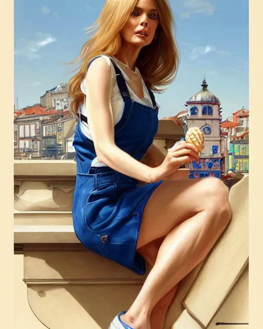 Image similar to a blonde fuller figured barbara bach from the bond film wearing blue dungarees and eating ice creams in porto, real life skin, intricate, elegant, highly detailed, artstation, concept art, smooth, sharp focus, art by artgerm and greg rutkowski and alphonse mucha