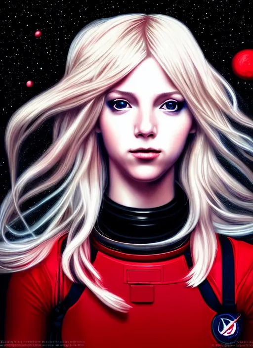 Prompt: highly detailed portrait of a hopeful pretty astronaut lady with a wavy blonde hair, by Jason Edmiston , 4k resolution, nier:automata inspired, bravely default inspired, vibrant but dreary but upflifting red, black and white color scheme!!! ((Space nebula background))