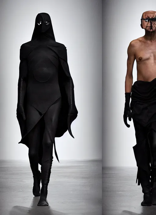 Image similar to hyperrealistic and heavy detailed rick owens avant garde runway show of batman, leica sl 2 5 0 mm, vivid color, high quality, high textured, real life