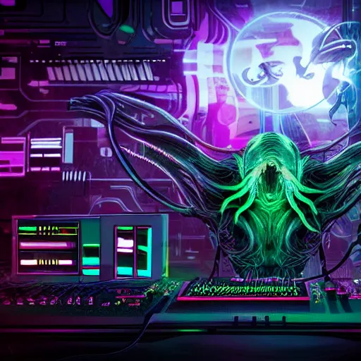 Image similar to cyberpunk cthulhu with headphones playing synthesizers, lights, lasers, music, highly detailed, realistic,