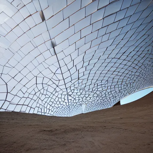 Prompt: data driven architecture, underground desert pavilion, open to sky, voronoi, sculpture, light,