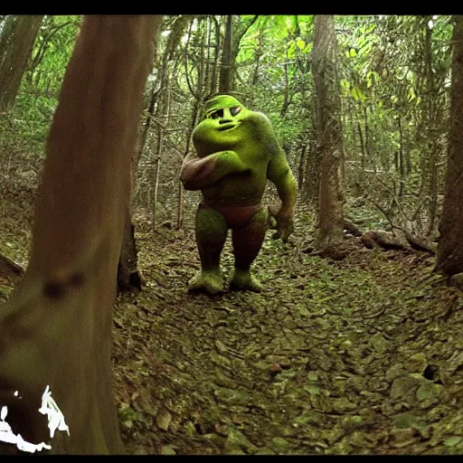 Prompt: Shrek caught on trail cam, night, trail camera footage, wide angle lens, night vision, grainy