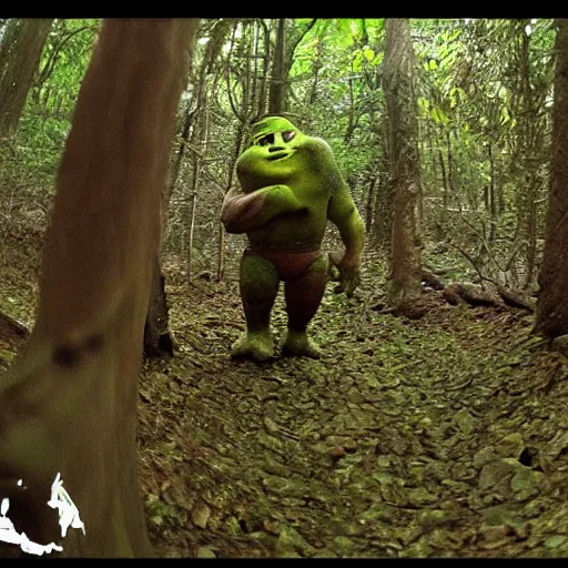 Image similar to Shrek caught on trail cam, night, trail camera footage, wide angle lens, night vision, grainy