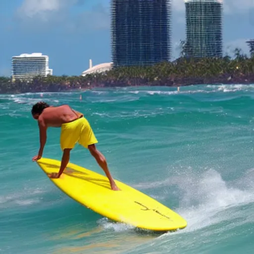 Prompt: spongebob surfing in miami