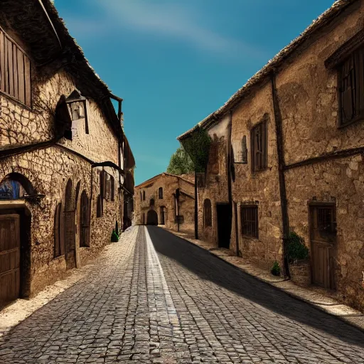 Prompt: medieval village filled with cheering people, empty road in the middle, eye level, photo - realistic