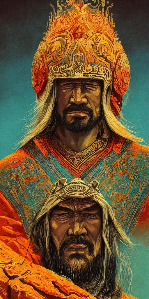 Image similar to highly detailed portrait of genghis khan by roger dean and alena aenami, intense eyes