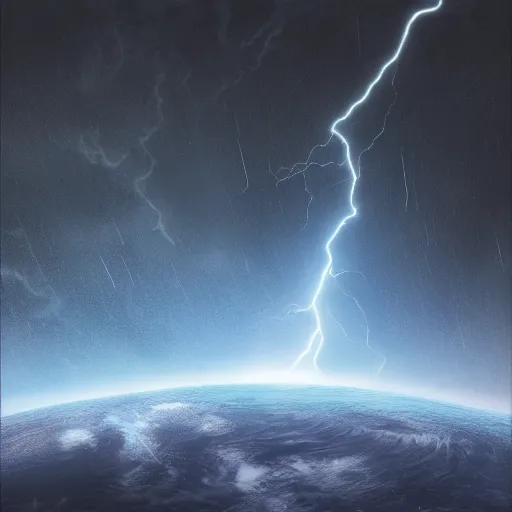 Image similar to Stormy planet, lightning, rain, view from space, digital art, digital painting, illustration, 4k