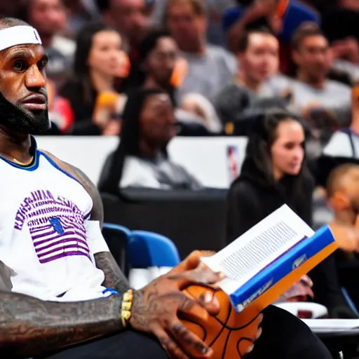 Prompt: professional close up shot photograph of lebron james reading a book while in an nba game, wearing nba jersey, standing, award - winning photograph, clear image, as seen on getty images, smooth