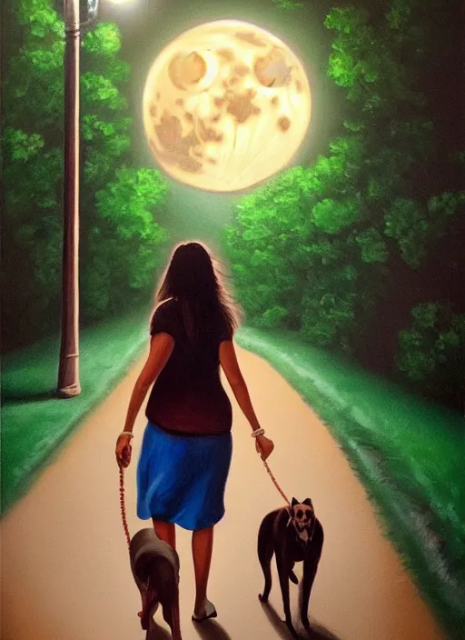 Prompt: young beautiful brown woman walking with her dog on Paseo Montejo in Merida Mexico at night with a full moon, illustration, photoreal, fantasy, trending. masterpiece work of art . oil on canvas. Digitally painted. Realistic. 3D. 8k. UHD.