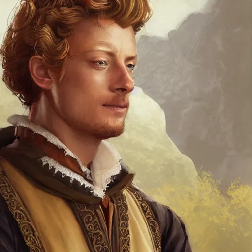 Prompt: a young man wearing 16th century clothes, blonde, young simon baker, D&D, fantasy, portrait, highly detailed, digital painting, artstation, concept art, sharp focus, illustration, art by artgerm and greg rutkowski and