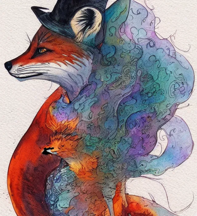 Image similar to a 3 / 4 view watercolor ink painting of a fox as a witch in the style of jean giraud in the style of moebius trending on artstation deviantart pinterest detailed realistic hd 8 k high resolution