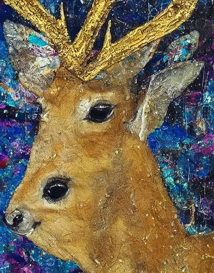 Prompt: tiny golden deer, detailed and highly reliefed analogue mixed media collage with canvas texture in style of conteporary art, punk art, hyperrealistic beautiful, photorealistic, expressionism, masterpiece, perfect composition, spectacular quality, intricate oil details