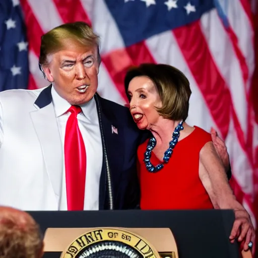 Prompt: donald trump kissing nancy pelosi with tongue, american flag behind