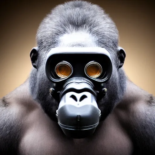 Image similar to high quality photo of A gorilla wearing a world war 2 gas mask, realism, 8k, award winning photo