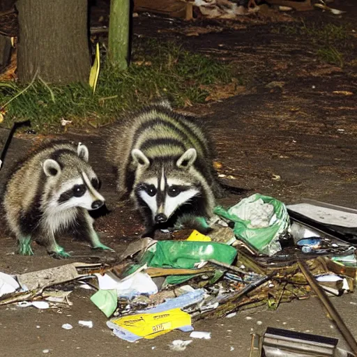 Image similar to green - tinted night vision footage of a family of raccoon digging through a gigantic mound of trash and papers and junk