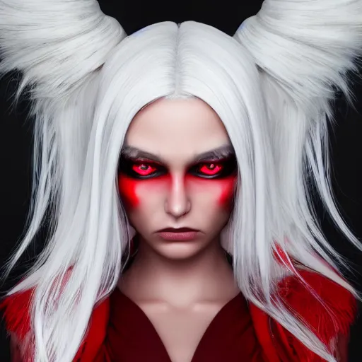 Image similar to a highly detailed portrait of a humanoid demon girl with white hair, red horns, in white clothes, red eyes artstation, deviantart, professional, unreal engine 5, photorealistic