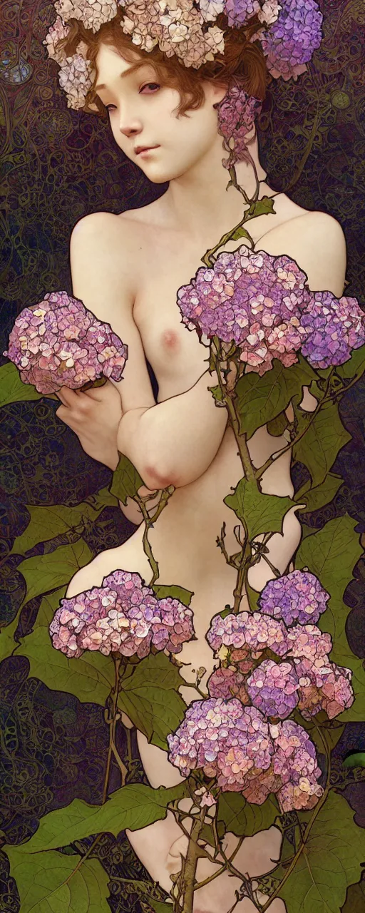 Prompt: tarot art nouveau painting of a hydrangea flower, ultradetail, art and illustration by tian zi and craig mullins and Ayami Kojima and WLOP and alphonse mucha, fantasy, intricate complexity, watermark, blurry, hyperrealism 8k