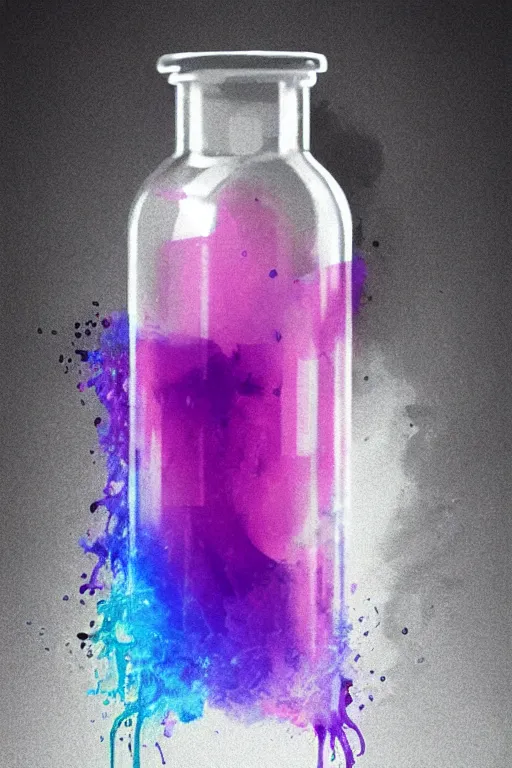 Image similar to concept art of an apple computer dietary supplement in a transparent bottle filled with blue magenta iridescent liquid, by greg rutkowski, black and white tones, white background, digital painting, artstation, concept art, smooth, sharp foccus ilustration hq