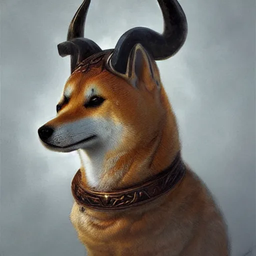 Image similar to detailed photorealistic painting of shiba inu wearing a highly detailed ornamented bronze viking helmet with two horns on head, sharp focus in the style of ruan jia, Mandy jurgens, cinematic light, concept art, trending on artstation, ultra realistic