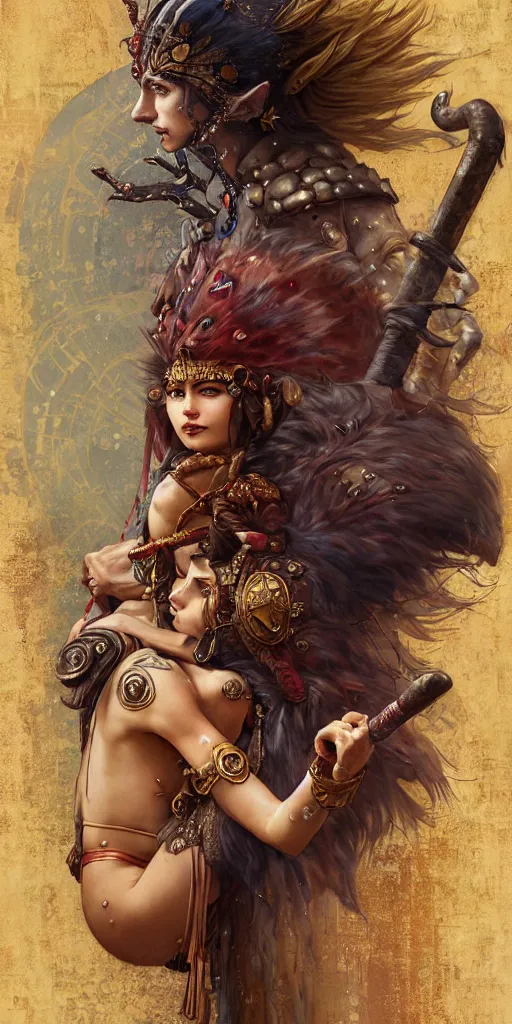 Image similar to hyper realistic Princess Mononoke attacking evil spirit with a golden sword, ornate mask, wet market street, rainy atmosphere, cyberpunk metropolis, city landscape, jewels, full body pose, full moon, style of tom bagshaw, mucha, james gurney, norman rockwell, denoised, sharp