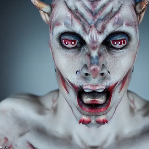 Image similar to a demon inspired by ceramics created by the make up artist hungry, photographed by andrew thomas huang, cinematic, expensive visual effects