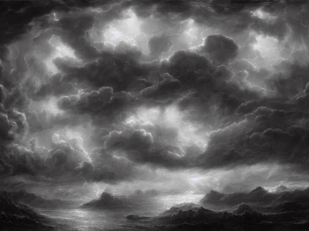 Image similar to very detailed, dark super storm, hyper realistic clouds, impressive, magical, very atmospheric, fog, cinematic, deep, very high complexity, stunning, dramatic masterpiece, iridescent, chiaroscuro, by gustave dore, john blanche, ian miller, very detailed. 4 k