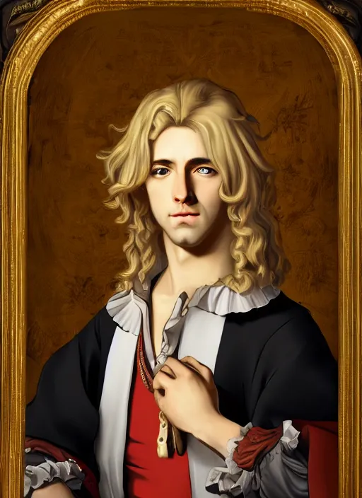 Image similar to portrait of a blond handsome man with long hair in baroque art, anime inspired, High Res 8K,hyperdetailed