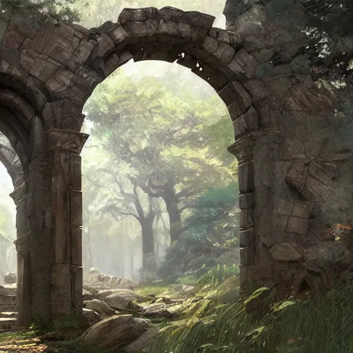 Image similar to concept art painting of an ornate ancient stone archway, in the woods, realistic, detailed, cel shaded, in the style of makoto shinkai and greg rutkowski and james gurney