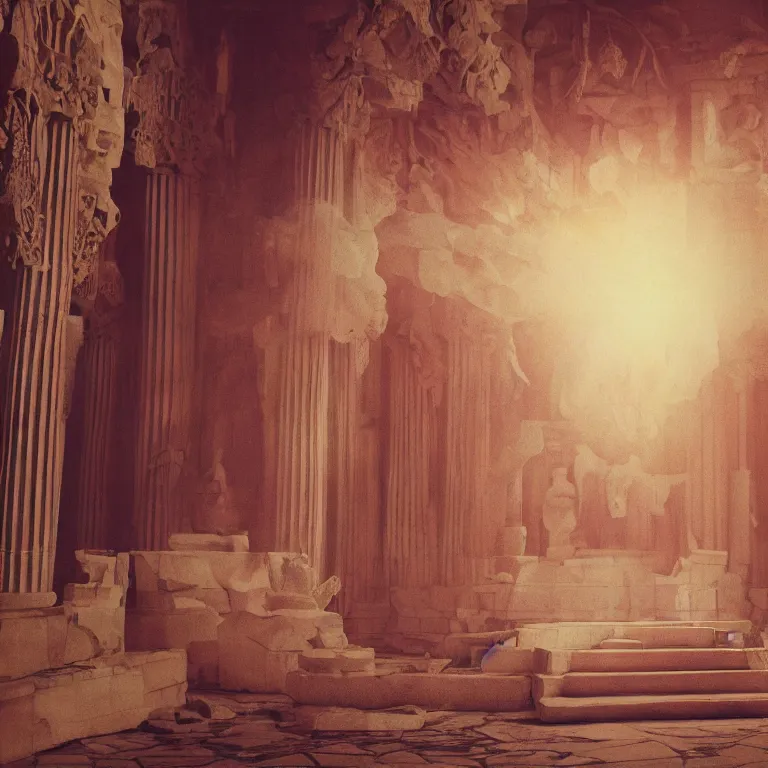 Prompt: a surreal explosion inside a marble temple, film photo, soft lighting album cover, nostalgia, gradient, light reflection