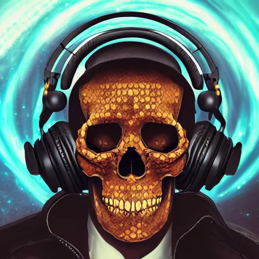 Image similar to skull with honeycomb head wearing headphones, cosmic horror, d&d, technology and magic, high resolution, intricate detail,