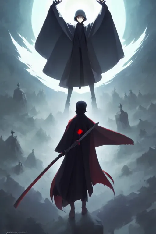 Image similar to video game cover, small grim reaper dressed with a cape surrounded by demons, mid view, design on a white background, by studio muti, greg rutkowski makoto shinkai takashi takeuchi studio ghibli