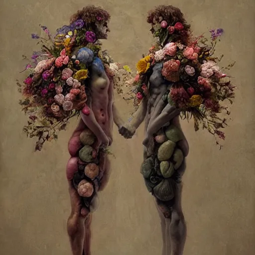 Prompt: two bodies entwined, covered by flowers, by arcimboldo, greg rutkowski