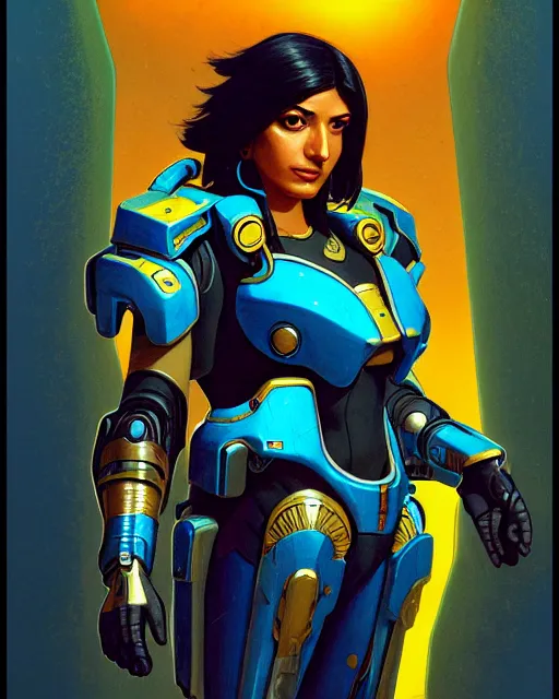 Image similar to pharah from overwatch, character portrait, portrait, close up, concept art, intricate details, highly detailed, vintage sci - fi poster, retro future, in the style of chris foss, rodger dean, moebius, michael whelan, and gustave dore