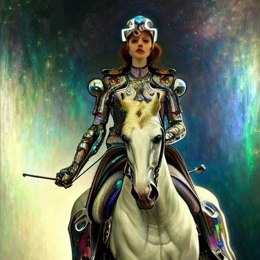 Image similar to psychedelic organic cyborg horseback riding, white holographic plastic, dramatic lighting, fantasy, intricate, elegant, highly detailed, lifelike, photorealistic, digital painting, artstation, illustration, smooth, sharp focus, art by john collier and albert aublet and krenz cushart and artem demura and alphonse mucha