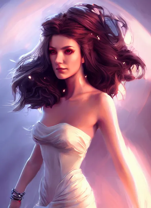 Image similar to beautiful fashion goddness, strapless dress, character portrait in the style of thomas river and artgerm, wlop, cinematic lighting, hyperdetailed, 8 k realistic, symmetrical, global illumination, radiant light, halo, love and mercy, frostbite 3 engine, cryengine, dof, trending on artstation, digital art, chanel