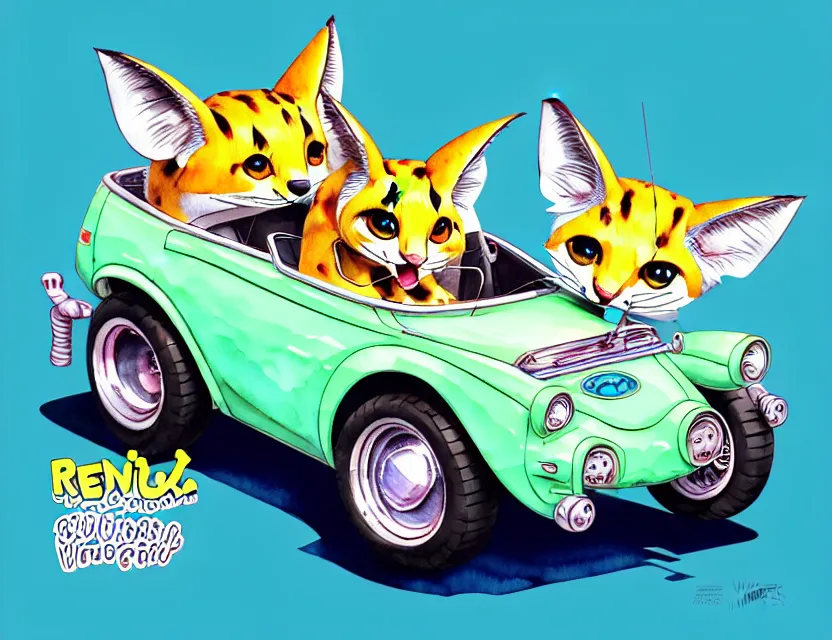 Prompt: cute and funny, serval riding in a tiny hot rod with oversized engine, ratfink style by ed roth, centered award winning watercolor pen illustration, isometric illustration by chihiro iwasaki, edited by range murata, tiny details by artgerm and watercolor girl, symmetrically isometrically centered