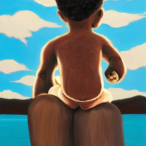 Prompt: the backview of a black boy on a cliff holding a teddybear while he watches the sum explode, oil on canvas, hyperrealistic, symmetrical hd image