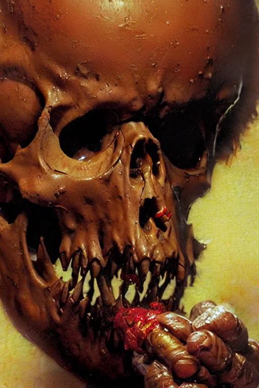 Prompt: extreme close up of a goblin eating baked beans from a skull extremely high detail portrait dnd, painting by gaston bussiere, craig mullins, greg rutkowski, yoji shinkawa