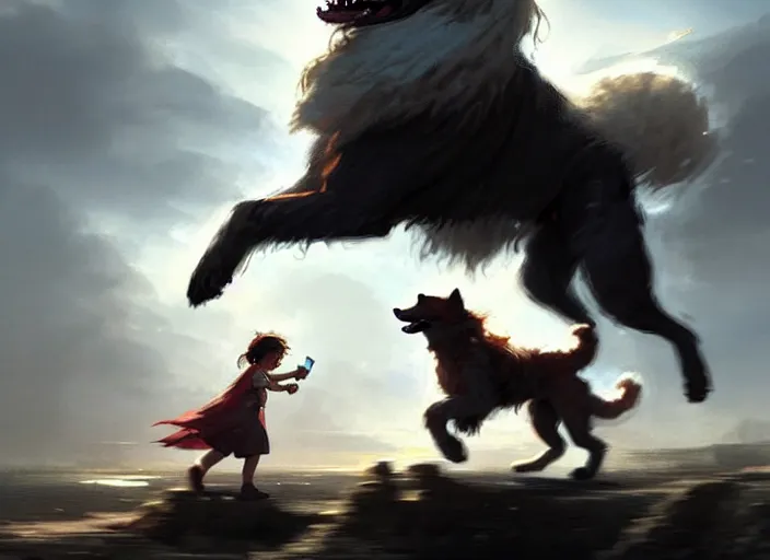 Prompt: comic book cover. heroic giant samoyed dog being ridden by a small young girl by greg rutkowski, trending on artstation