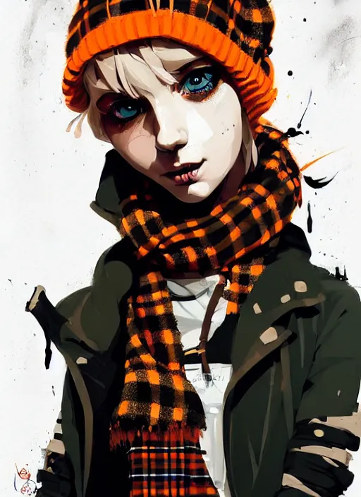 Prompt: highly detailed portrait of a sewer punk lady student, beanie, tartan scarf, wavy blonde hair by atey ghailan, by greg rutkowski, by greg tocchini, by james gilleard, by joe fenton, by kaethe butcher, gradient, orange, black, brown and cream color scheme, grunge aesthetic!!! white graffiti tag wall background