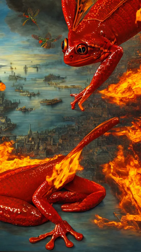 Image similar to giant red frog with giant dragonfly wings flying over a city in flames, photorealism, oil paint, renaissance, 8 k, high detail whide shot