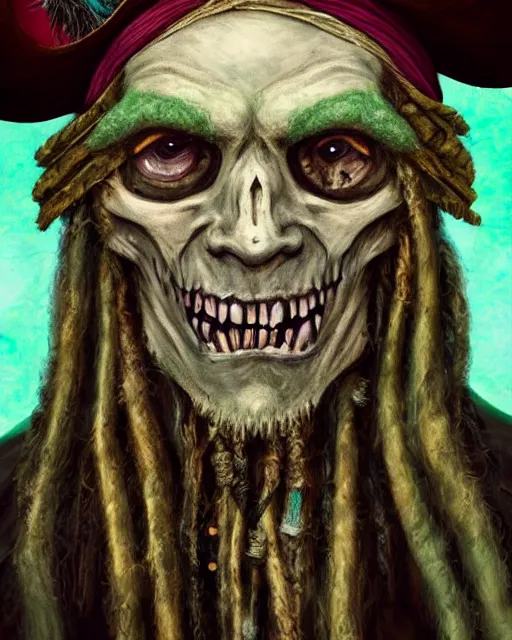 Image similar to an intimate portrait of a gnarly pirate, old skin, faded hat, crooked teeth, green eyes, a look of menace, detailed matte fantasy painting
