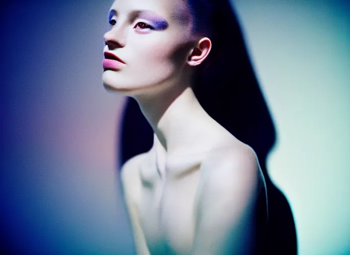 Image similar to kodak portra 4 0 0 photo portrait of a beautiful woman in style of paolo roversi, lightpainting motion blur, elegant, soft coloured gel lighting, highly detailed, sharp focus, ethereal, out worldly colours, emotionally evoking, head in focus, soft blur coloured gel light dreamy, volumetric lighting