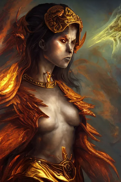 Prompt: fantasy character concept portrait, digital painting, wallpaper of a female necromancer with skin of obsidian, with veins of magma and gold, renaissance nimbus overhead, by aleksi briclot, by laura zalenga, by alexander holllow fedosav, 8 k dop dof hdr, vibrant