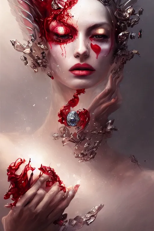 Image similar to beautiful model face covered with blood diamonds wearing fire velvet drowning in water, diamonds, angel, fantasy, dramatic lighting, highly detailed, digital painting, magic the gathering, hyper detailed, 3 d render, hyper realistic detailed portrait, peter mohrbacher, wlop, ruan jia