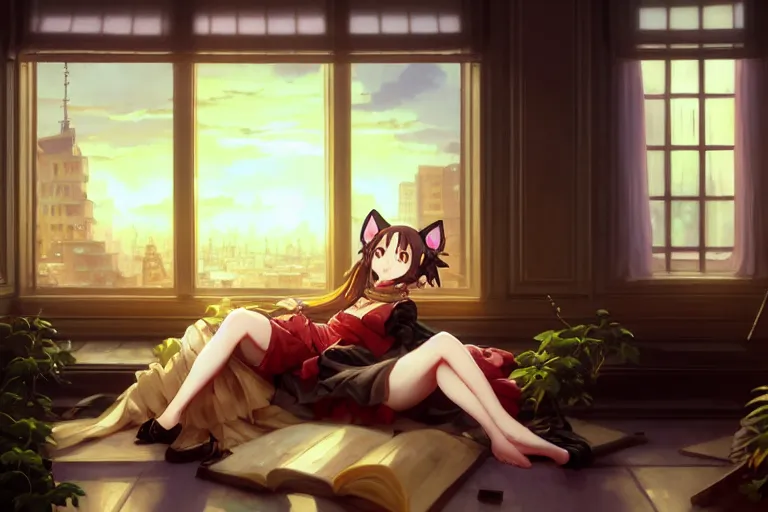 Image similar to baroque oil painting of anime key visual concept art of anime maid with cat ears lying down on sofa, soft lighting, new york apartment, potted plants, big window, trending on artstation, brush strokes, oil on canvas, style of makoto shinkai and greg rutkowski and studio ghibli