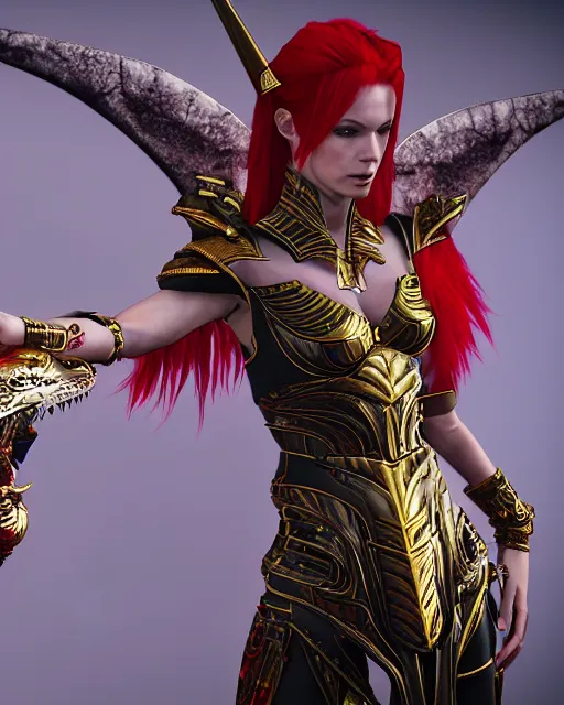 Prompt: red - haired final fantasy white marble egyptian pharaoh stroking her shiny rainbow dragon, warframe armor, regal, attractive, ornate, sultry, sexy, beautiful, elize theron, pretty face, green eyes, scifi platform, 4 k, ultra realistic, epic lighting, illuminated, cinematic, black gold, art by alexandra petruk, voidstar