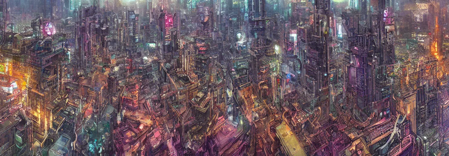 Prompt: Panorama hyper detailed full-color slightly desaturated painting of a polluted cyberpunk cityscape with art nouveau styled architecture and late night futuristic aesthetics, 8 mm, extremely detailed, mixed media style illustration, artstation, line art, smooth, sharp focus, illustration, hyperrealism, photorealism, 8k art by bill sienkiewicz, greg rutkowski and thomas kinkade