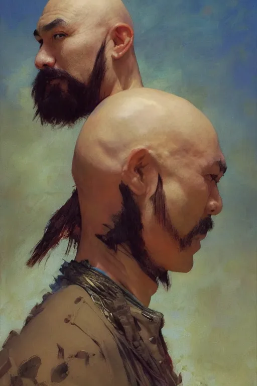 Image similar to creative bald kazakh guy with a short beard, painted by ruan jia, raymond swanland, lawrence alma tadema, zdzislaw beksinski, norman rockwell, jack kirby, tom lovell, alex malveda, greg staples